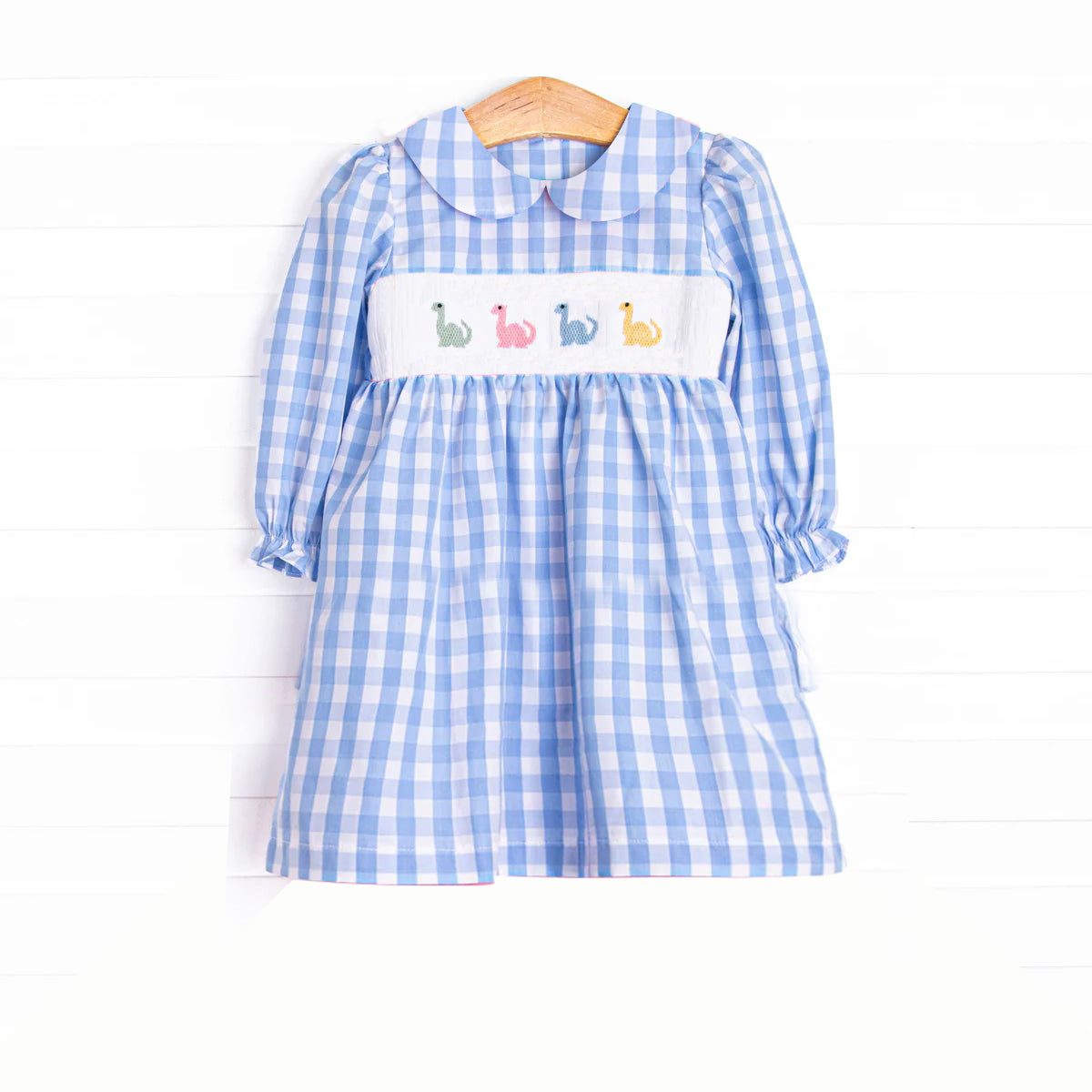 preorder GLD1021  Dinosaur Blue White Plaid Long Sleeve Dress Smocked Girls Boutique Outfits 202504