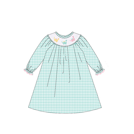 preorder GLD1022 Dinosaur Green White Plaid Long Sleeve Dress Smocked Girls Boutique Outfits 202504