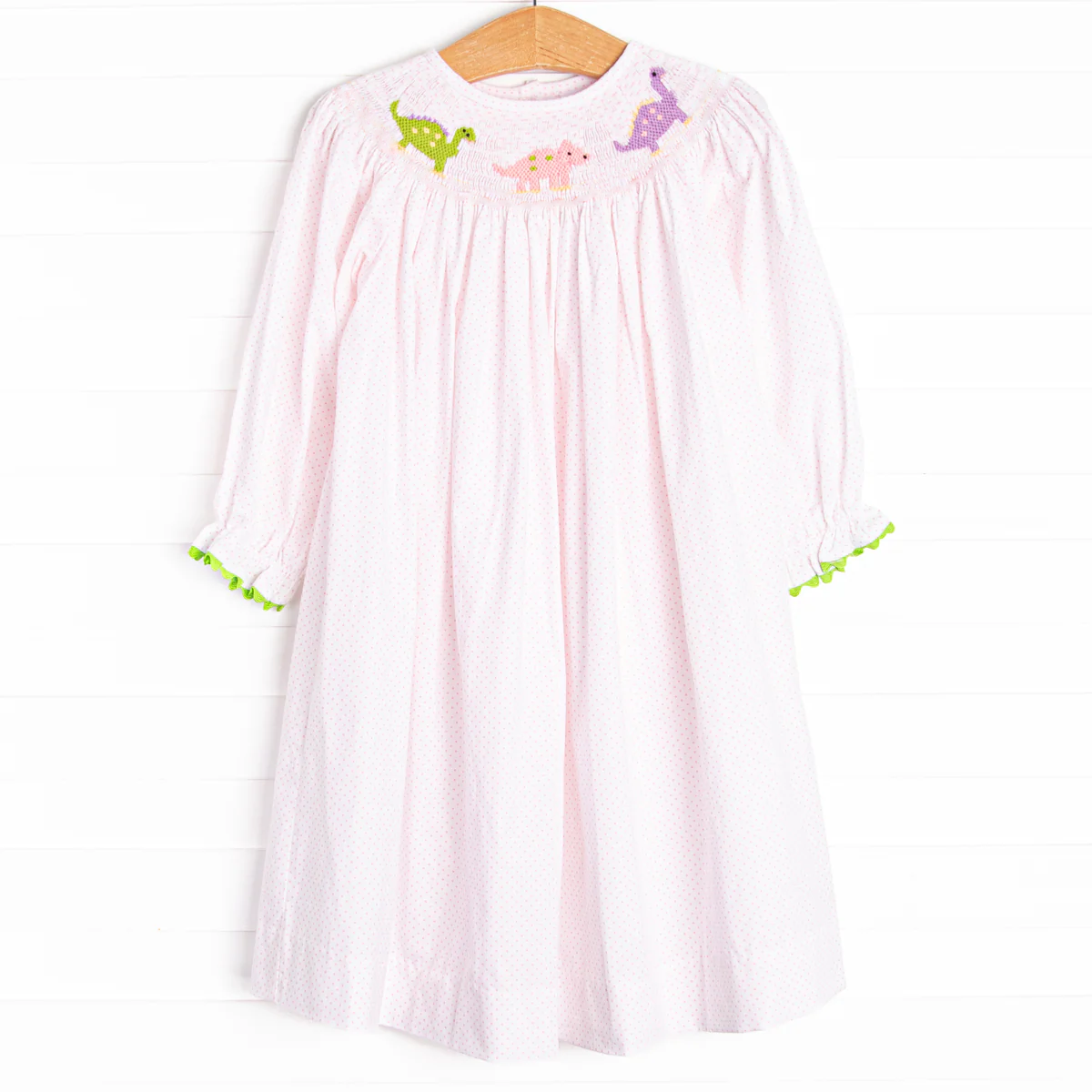 preorder GLD1023  Dinosaur Pink White Dot Long Sleeve Dress Smocked Girls Boutique Outfits 202504