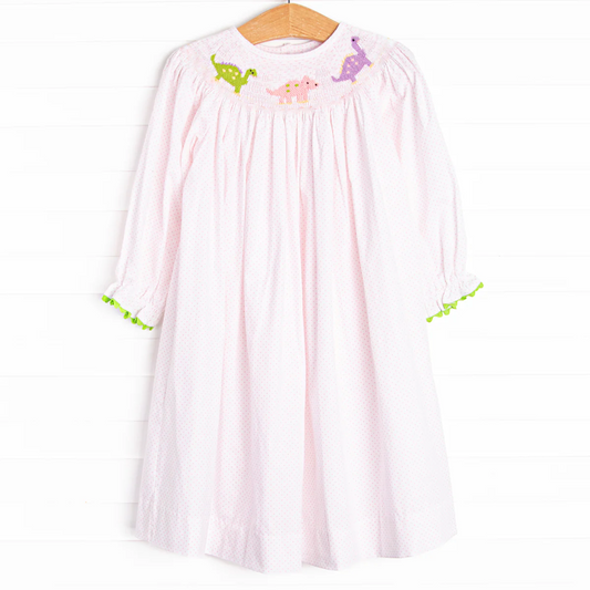 preorder GLD1023  Dinosaur Pink White Dot Long Sleeve Dress Smocked Girls Boutique Outfits 202504