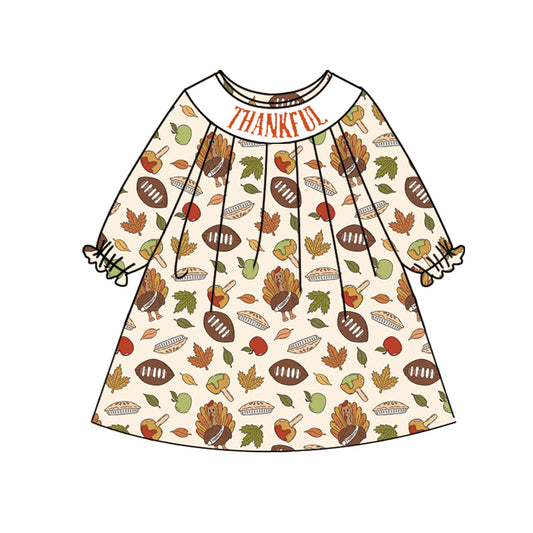 preorder GLD1026 Thankful Turkey Orange Long Sleeve Dress Smocked Girls Boutique Outfits 202504