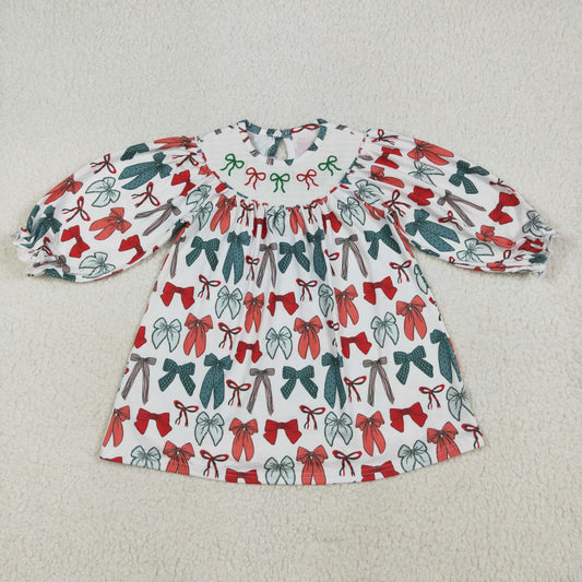 GLD1028 Merry Christmas Red Green Bows Beige Long Sleeve Dress Smocked Girls Clothing 202507 RTS