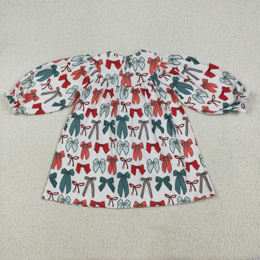 GLD1028 Merry Christmas Red Green Bows Beige Long Sleeve Dress Smocked Girls Clothing 202507 RTS