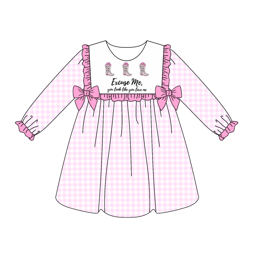 Preorder GLD1031 Cowgirl Boots Pink Plaid Bows Long Sleeve Dress Girls Boutique Outfit  202504