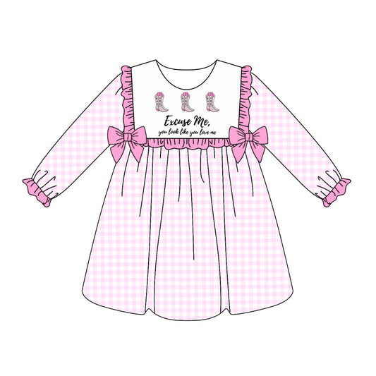 Preorder GLD1031 Cowgirl Boots Pink Plaid Bows Long Sleeve Dress Girls Boutique Outfit  202504