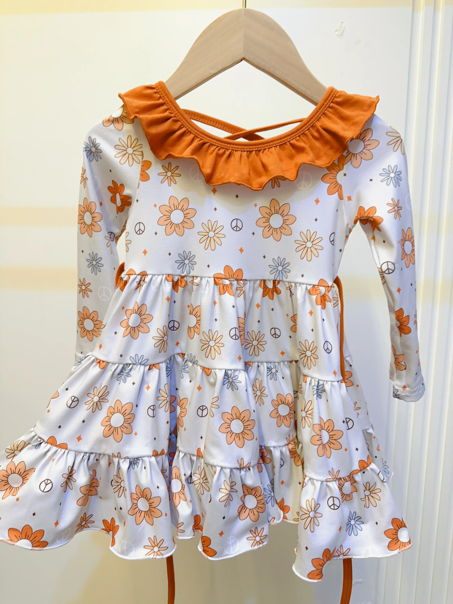 Preorder GLD1035 Flower Orange White Ruffle Long Sleeve Dress Girls Boutique Outfit  202505