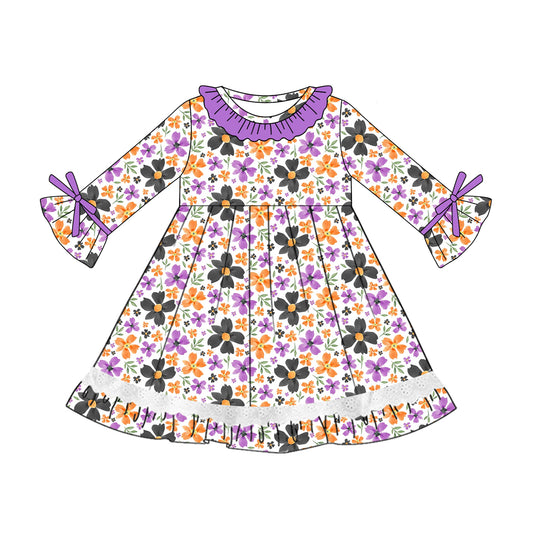 Preorder GLD1039 Halloween Orange Purple Black Flower Leaf Lace Long Sleeves Dress Girls Boutique Outfit  202505