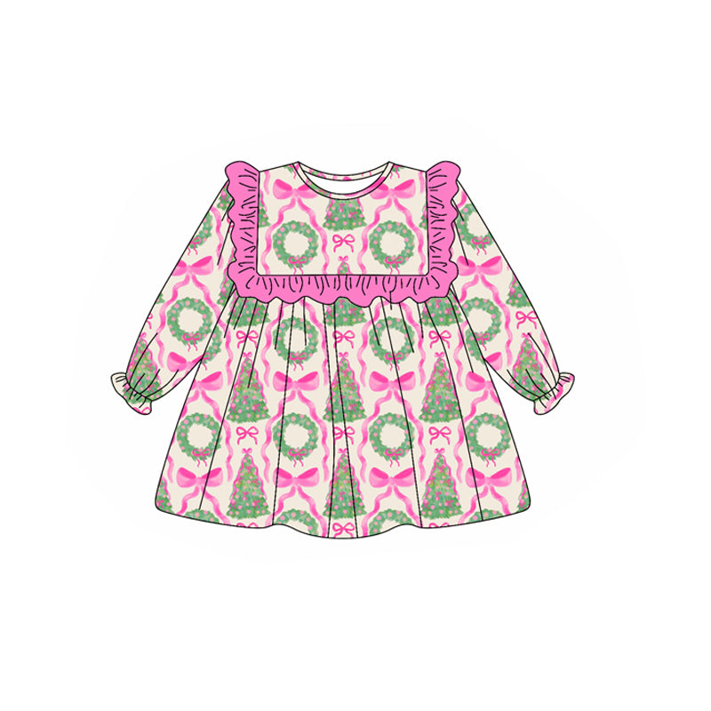 Preorder GLD1040  Christmas tree Bow Ruffle Rose Red Long Sleeves Dress Girls Boutique Outfit  202505