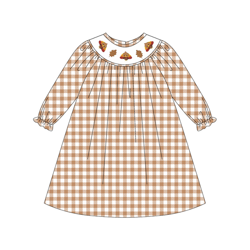 Preorder GLD1042-Smocked  Turkey Leaf Brown and White Plaid Long Sleeve Dress Girls Boutique Outfit  202505