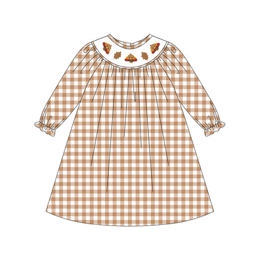 Preorder GLD1042-Smocked  Turkey Leaf Brown and White Plaid Long Sleeve Dress Girls Boutique Outfit  202505