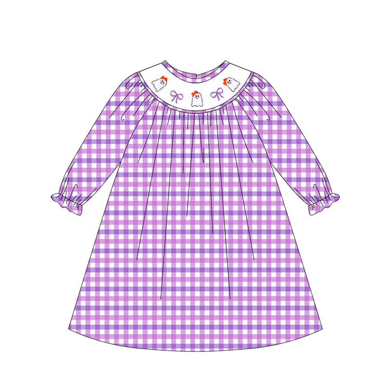 Preorder GLD1043-Smocked  Halloween Ghost Bow Purple White Long Sleeves Dress Girls Boutique Outfit  202505