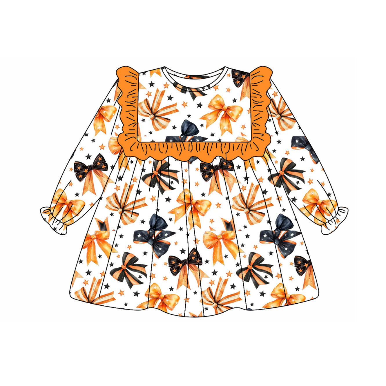 Preorder GLD1044   Halloween Star Bow Pattern Orange Lace White Long Sleeves Dress Girls Boutique Outfit  202505