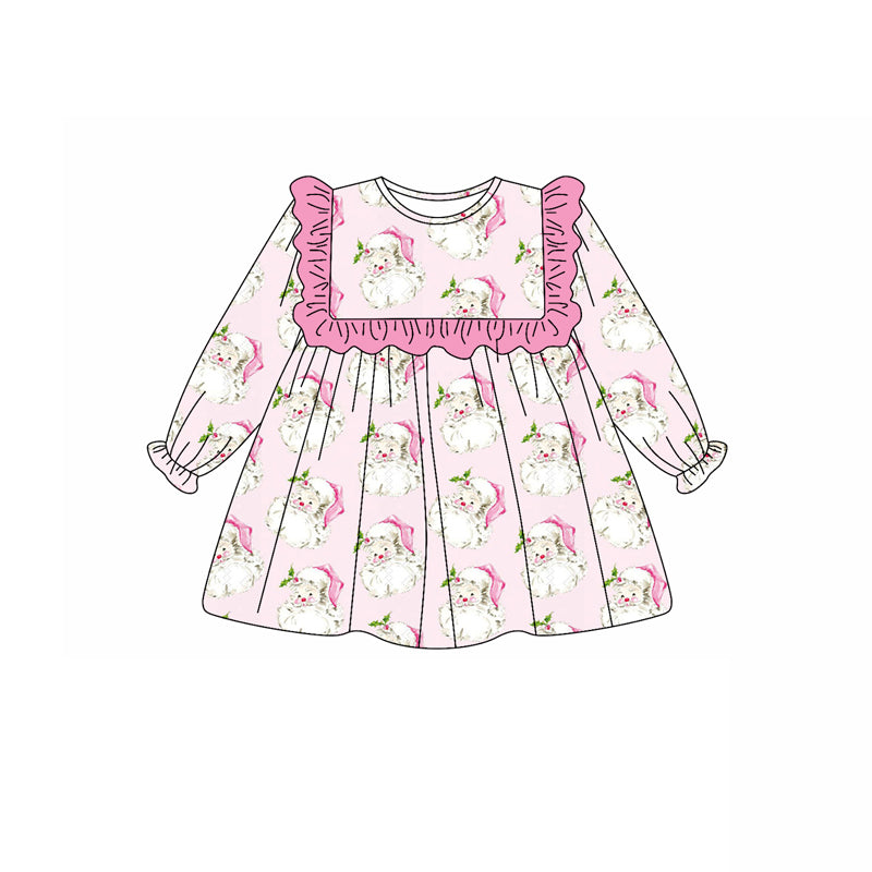 Preorder GLD1045  Santa Claus Pink Ruffle Long Sleeve Dress Girls Boutique Outfit  202505