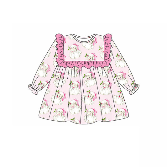 Preorder GLD1045  Santa Claus Pink Ruffle Long Sleeve Dress Girls Boutique Outfit  202505