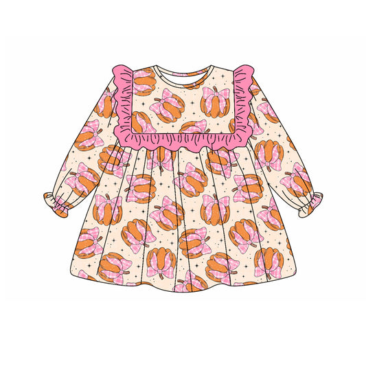 Preorder GLD1048 Plaid Bow Pumpkin Pink Ruffle Long Sleeve Dress Girls Boutique Outfit  202505