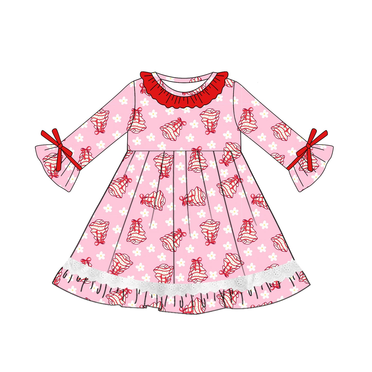 Preorder GLD1050 Flower Bow Santa Tree Red Ruffle Pink  Long Sleeve Dress Girls Boutique Outfit  202505