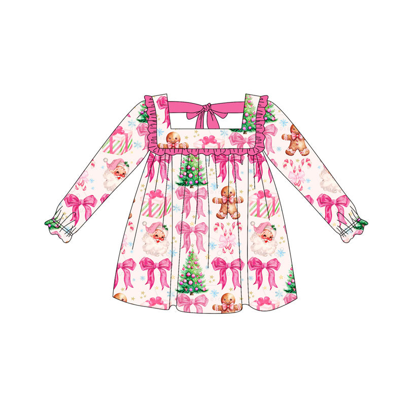 Preorder GLD1055 Gingerbread Santa Claus Gift Bow Tie Lace Pink Long Sleeve Dress Girls Boutique Outfit  202505