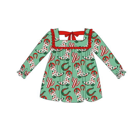 Preorder GLD1056 Christmas Boots Red Ruffle Straps Green Long Sleeve Dress Girls Boutique Outfit  202505
