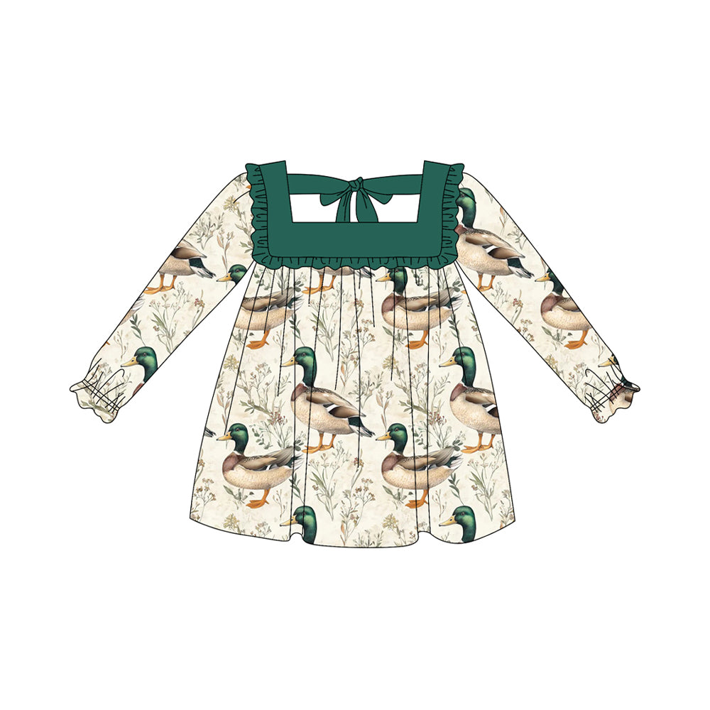 Preorder GLD1057 Duck Hunting Green Ruffle Long Sleeve Dress Girls Boutique Outfit  202505