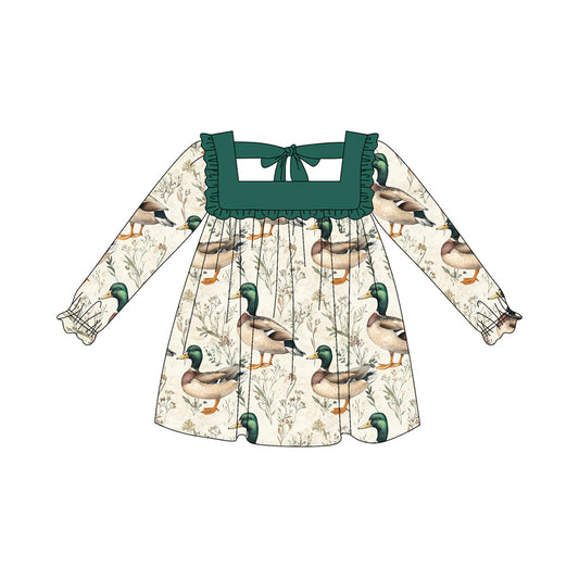 Preorder GLD1057 Duck Hunting Green Ruffle Long Sleeve Dress Girls Boutique Outfit  202505