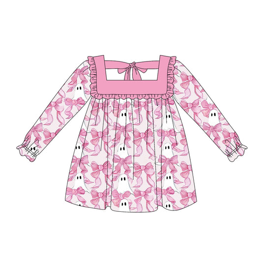 Preorder GLD1059 Halloween Ghost Bow Pink Ruffle Long Sleeve Dress Girls Boutique Outfit  202505