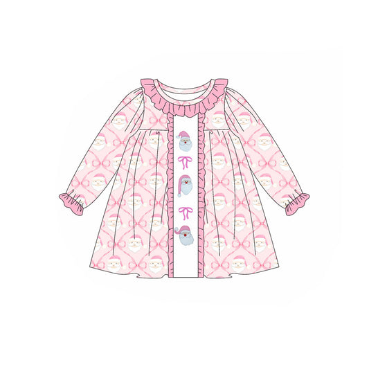 Preorder GLD1061 Santa Claus Bow  Plaid Pink Ruffle Long Sleeve Dress Girls Boutique Outfit  202505