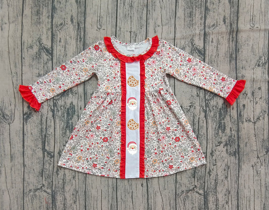 GLD1062 Embroidered Cookies Santa Claus Flowers Leaves Red  Ruffle Long Sleeve Dresses for Girls 202509 RTS