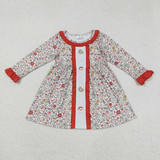 GLD1062 Embroidered Cookies Santa Claus Flowers Leaves Red  Ruffle Long Sleeve Dresses for Girls 202509 RTS