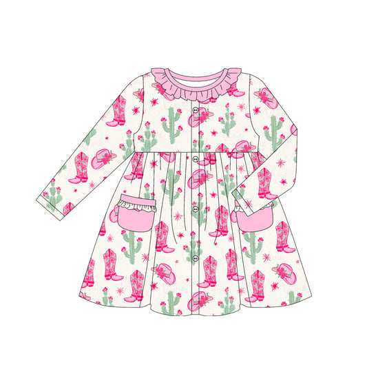 Preorder GLD1063 Flower Boots Cactus Pocket Pink Ruffle Beige Long Sleeve Dress Girls Boutique Outfit  202505