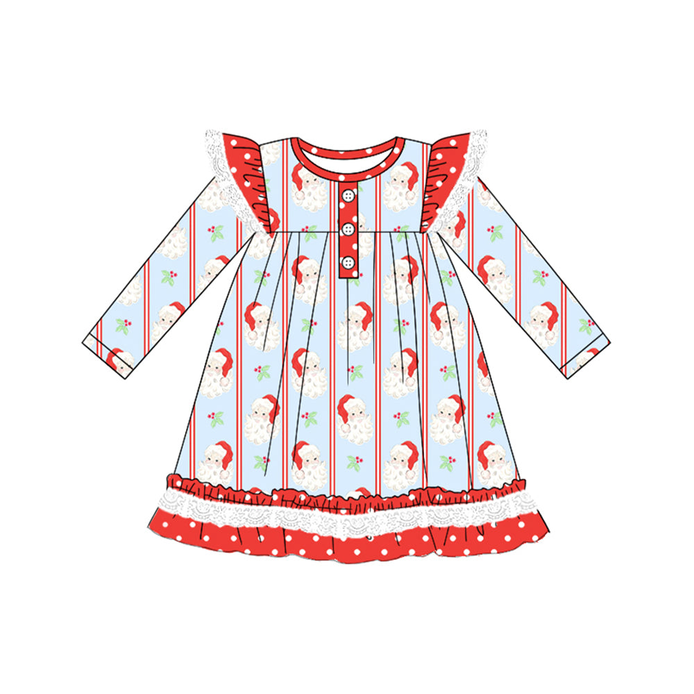 Preorder GLD1066 Santa Claus Polka Dot Ruffle Red Stripes Blue Long Sleeve Dress Girls Boutique Outfit  202505