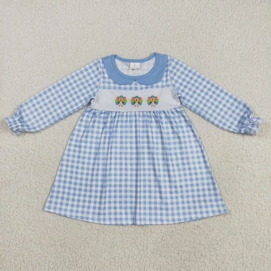 GLD1070 Embroidered Turkey Blue Plaid Baby Collar Long Sleeve Girls Dresses 202508 RTS