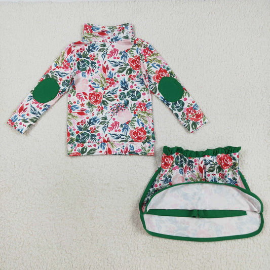 GLD1075 Flower Leaf Green White Zipper Long Sleeve Skirt Girls Set 202508 RTS
