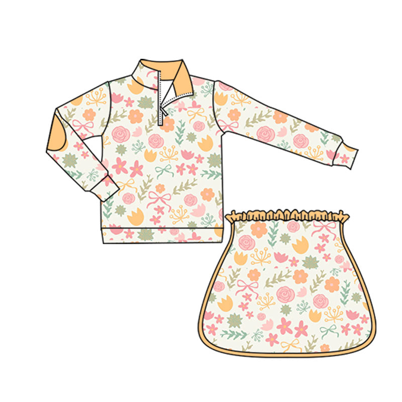 Preorder GLD1080 Floral Bow Leaf Orange Zipper Long Sleeve Skirt Set Girls Boutique Outfit  202505