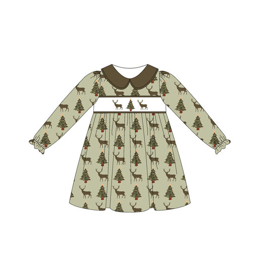 Preorder GLD1081 Elk Christmas Tree Green Doll Collar Long Sleeve Dress Girls Boutique Outfit 202505