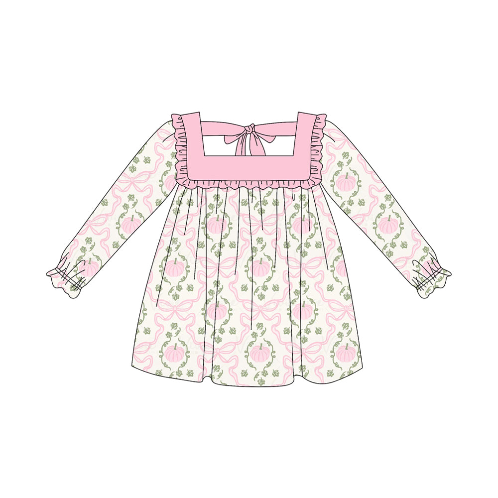 Preorder GLD1083 Pumpkin Leaf Pink Bow Ruffle Strap Long Sleeves Dress Girls Boutique Outfit  202505