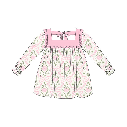 Preorder GLD1083 Pumpkin Leaf Pink Bow Ruffle Strap Long Sleeves Dress Girls Boutique Outfit  202505