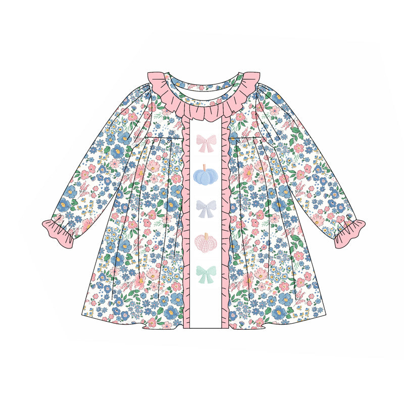 Preorder GLD1090 Girls Boutique Pumpkin Bows Blue Pink Ruffle Long Sleeves Dress 202505