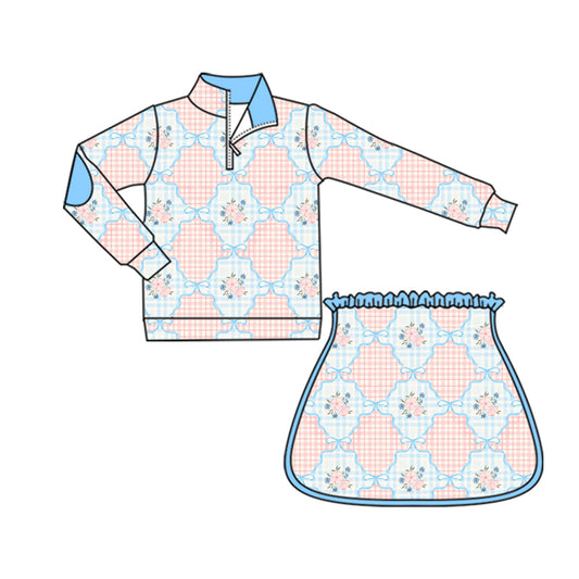 preorder GLD1095 Girls Boutique Yoga Sets Flower Plaid Blue Stand-Up Zippy Long Sleeve Skirts 202505