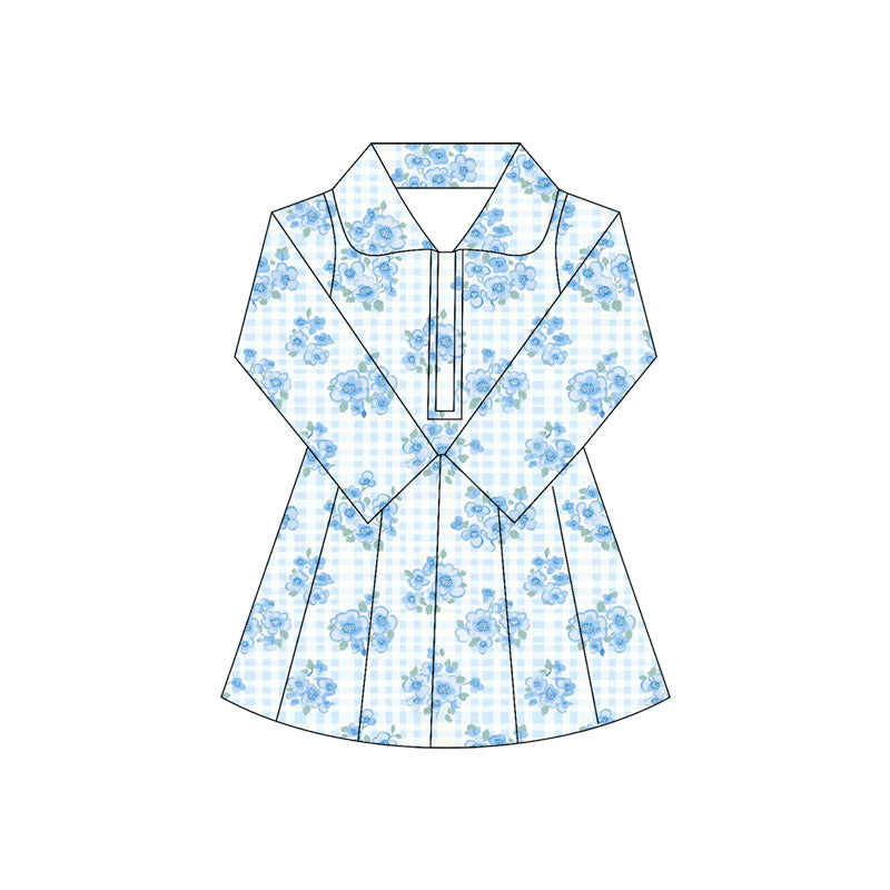 preorder GLD1103 Girls Yoga Dress Flower Plaid Blue Stand-Up Long Sleeve Dress Shorts  202505