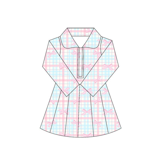 preorder GLD1106 Girls Yoga Dress Plaid Bows Pink Blue Stand-Up Long Sleeve Dress Shorts  202505