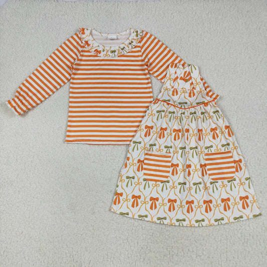 Preorder GLD1110 Bow Ruffle Pocket Long Sleeves with Overalls Dress Suit Girls Boutique Outfit  202506