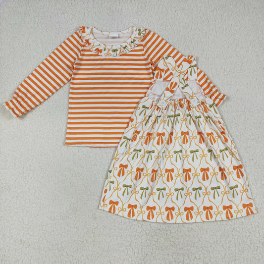 Preorder GLD1110 Bow Ruffle Pocket Long Sleeves with Overalls Dress Suit Girls Boutique Outfit  202506