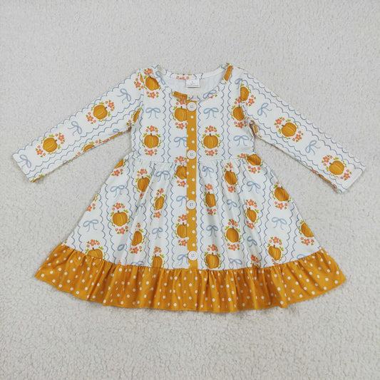 GLD1111 Girls Boutique Pumpkin Dots Orange Ruffle Long Sleeve Dress 202507 RTS