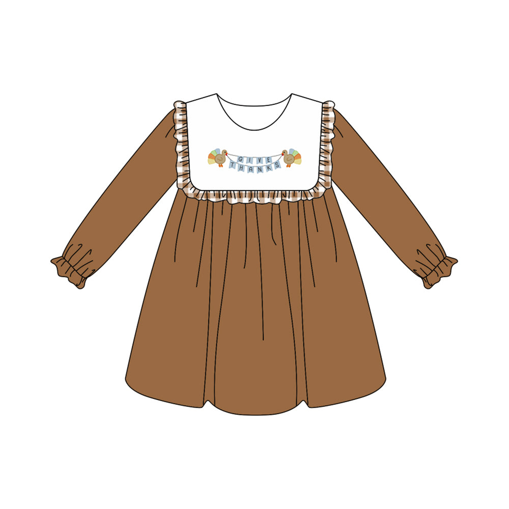 Preorder GLD1114 Girls Boutique Turkey Brown Ruffle Long Sleeve Dress 202506