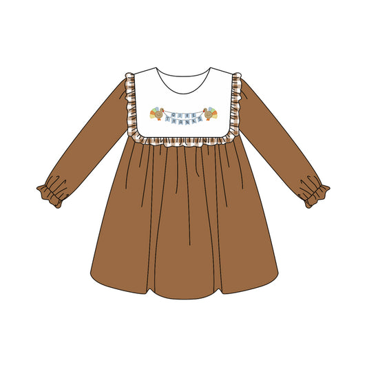 Preorder GLD1114 Girls Boutique Turkey Brown Ruffle Long Sleeve Dress 202506