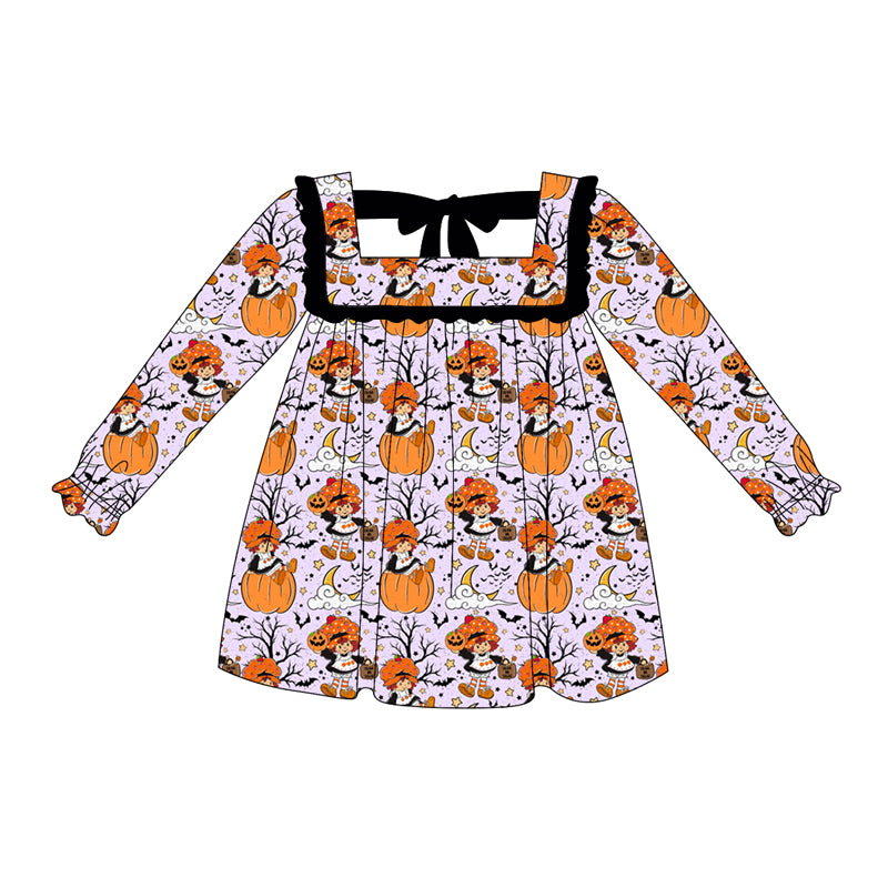 Preorder GLD1116 Girls Boutique Halloween Cartoon Pumpkin Moon Black Ruffle Lace-up Purple Long Sleeve Dress 202506