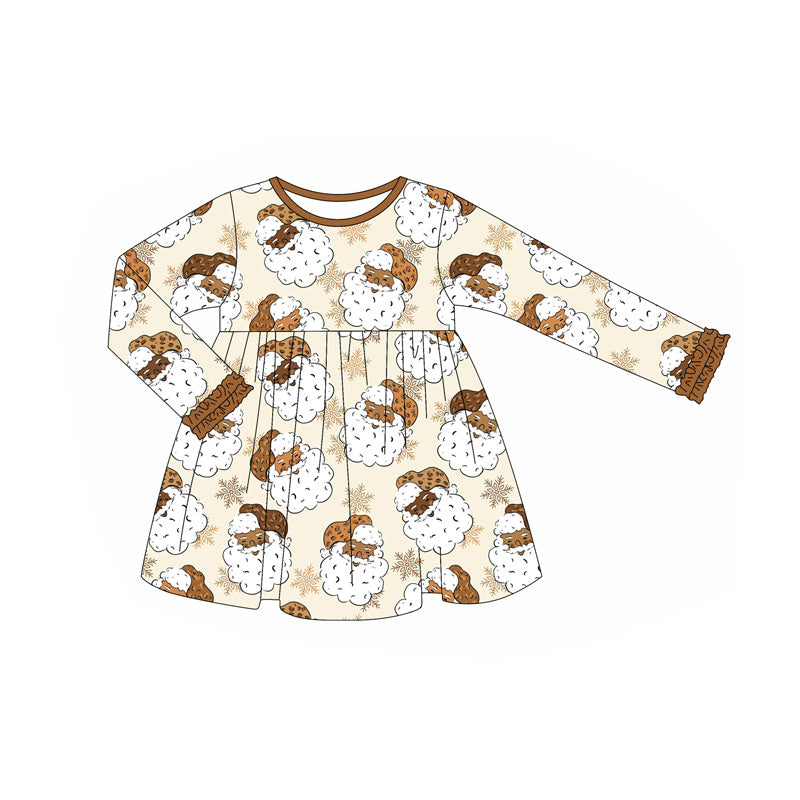 Preorder GLD1122 Santa Claus Snowflake Brown Ruffle Beige Long Sleeve Dress  Girls Boutique 202506