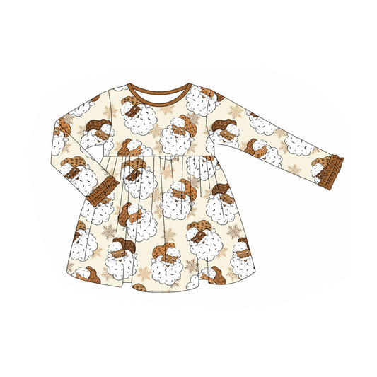 Preorder GLD1122 Santa Claus Snowflake Brown Ruffle Beige Long Sleeve Dress  Girls Boutique 202506