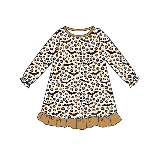 Preorder GLD1125 Bat Leopard Brown Ruffle Long Sleeve Dress  Girls Boutique 202506