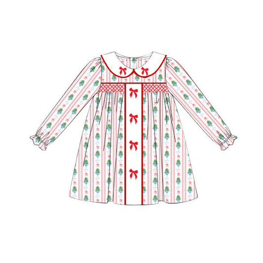 Preorder GLD1127 Santa Tree Red Bows Doll Collar Long Sleeve Dress  Girls Boutique 202506
